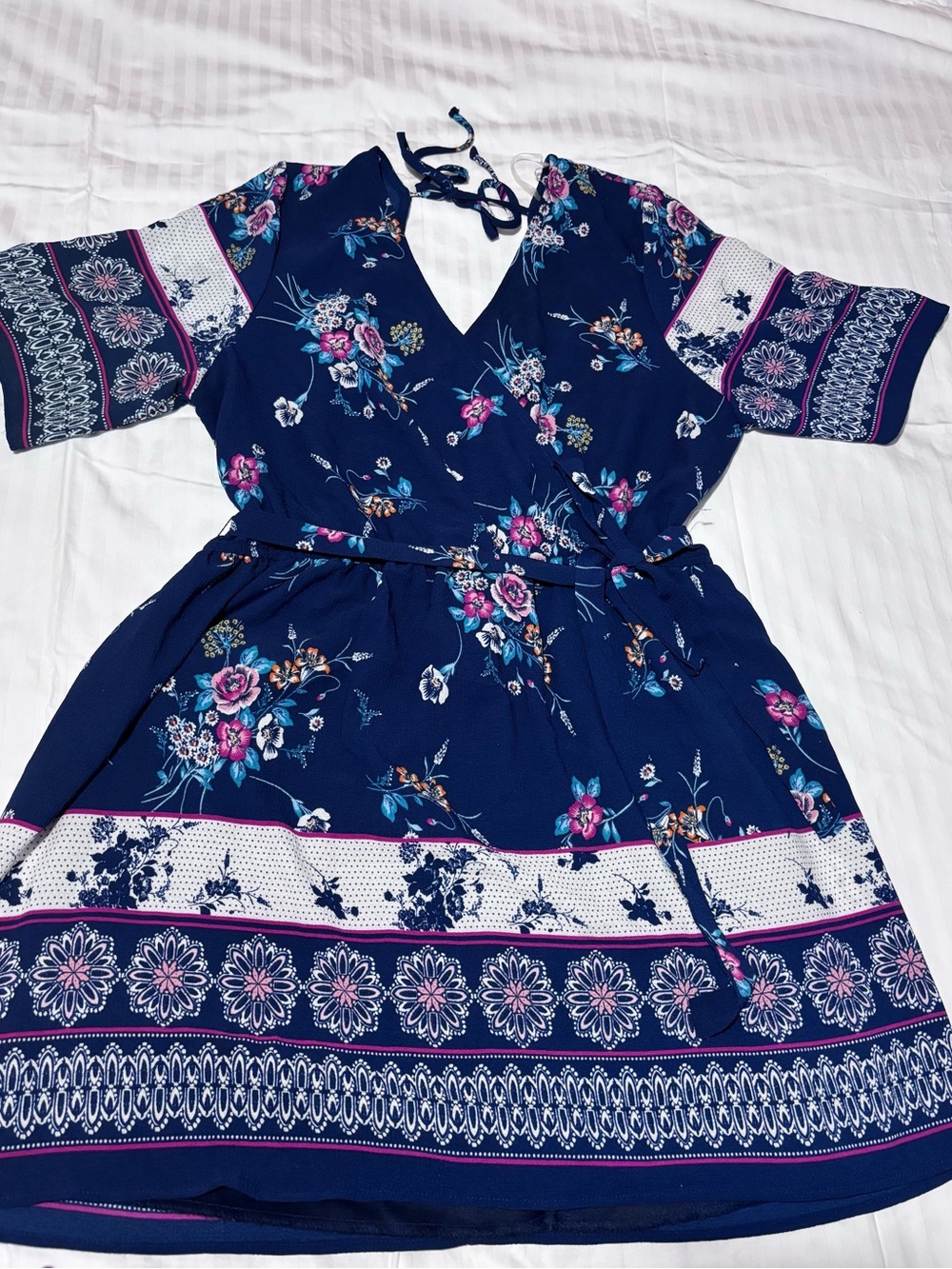 Trixxi Navy Floral Tie-Back Casual Dress with Pink Accents